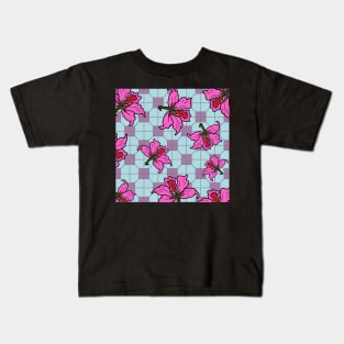 Bauhinia Flower with Blue and Pink Tile Floor Pattern - Summer Flower Pattern Kids T-Shirt